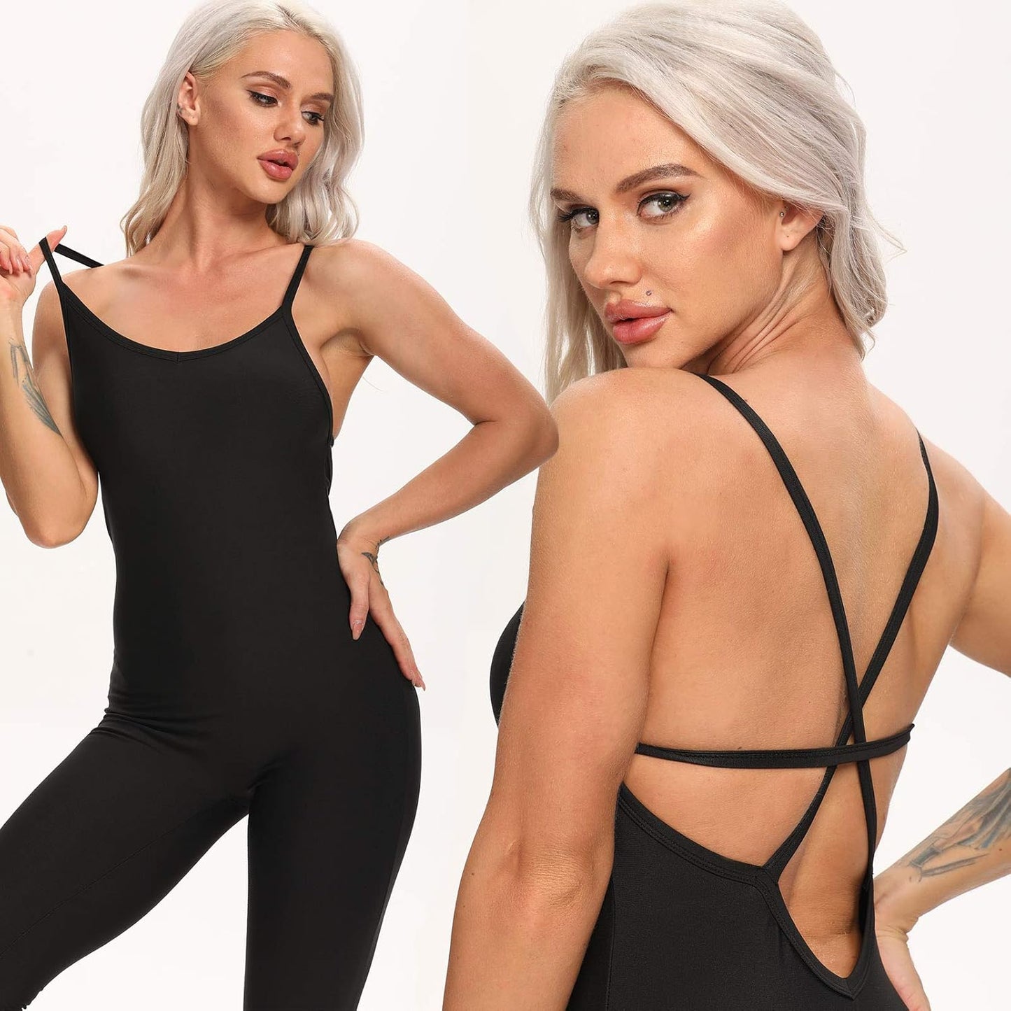 Womens Slimming Backless Workout Romper Jumpsuit Back Crisscross Straps Leggings